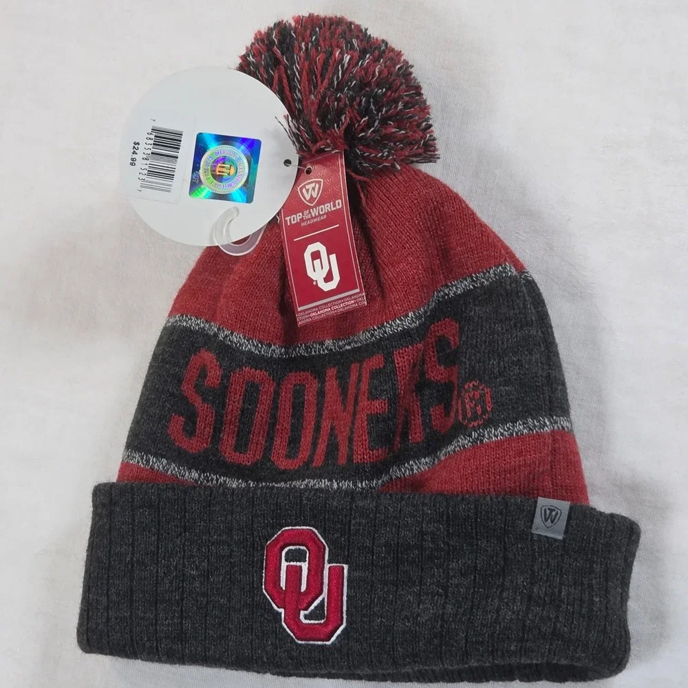 Top of the World Oklahoma Sooners Beanie Hat Knit Pom Cuffed Red Grey NWT